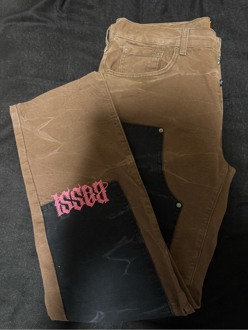 Brown Straight Jeans with Black Knee Patch